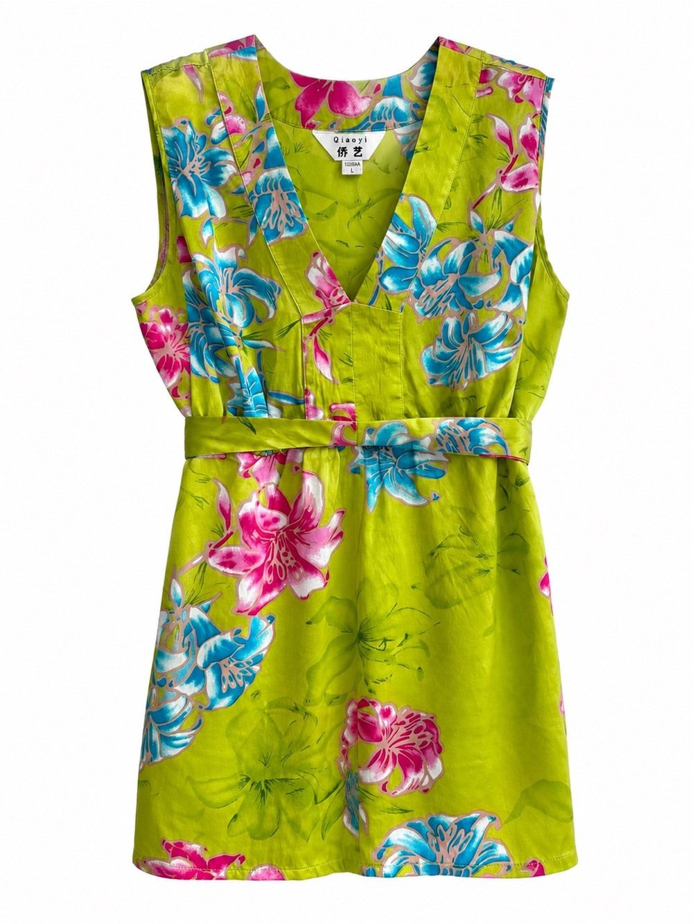 Qiaoyi 100% Silk Tropical Floral Sleeveless Blouse Top L